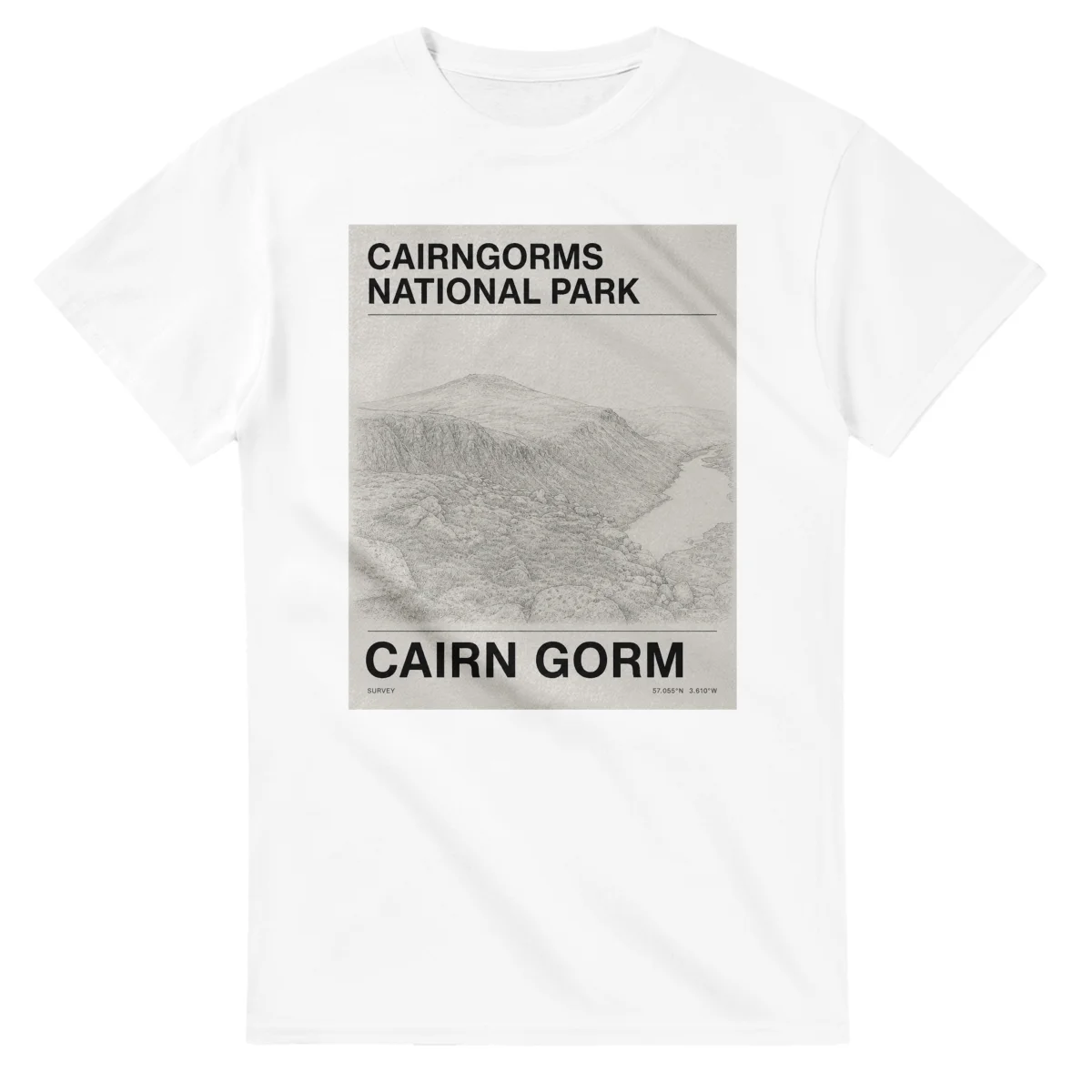 Fine-line engraving-style drawing for Cairngorms National Park, with a landmark caption and small coordinate text.
