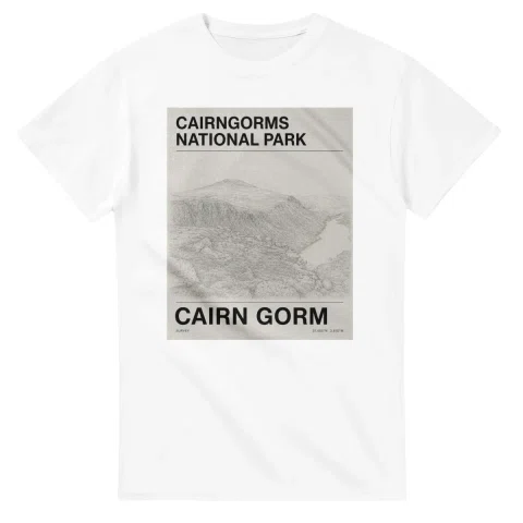Fine-line engraving-style drawing for Cairngorms National Park, with a landmark caption and small coordinate text.