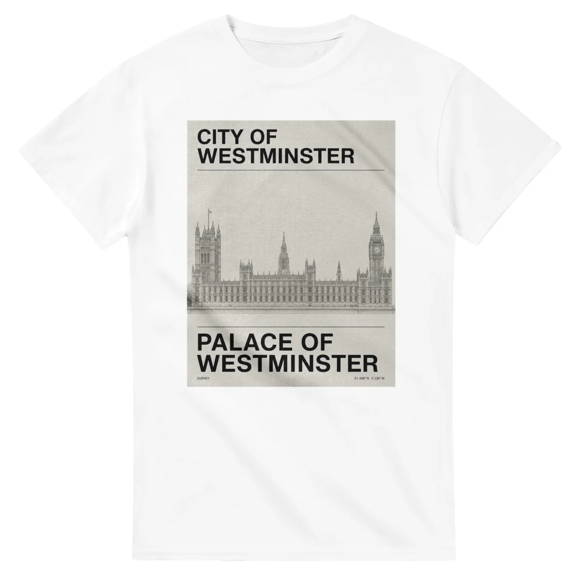 Fine-line engraving-style drawing for City of Westminster, with a landmark caption and small coordinate text.