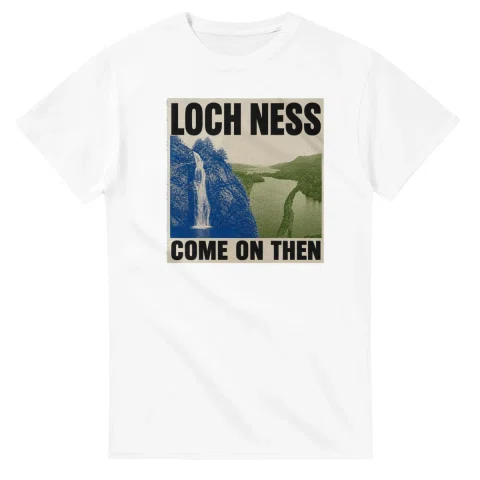 Two-colour scenic illustration for Loch Ness, with the place name and COME ON THEN lettering.