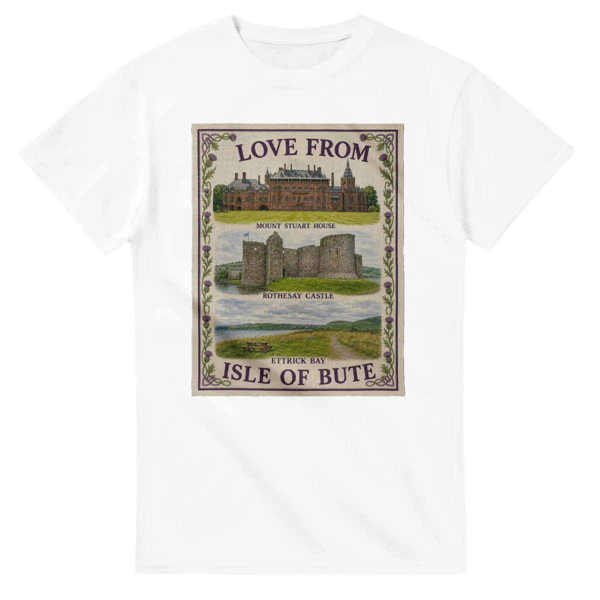 Framed scenic design for Isle of Bute, with several local views, a decorative border and LOVE FROM lettering.