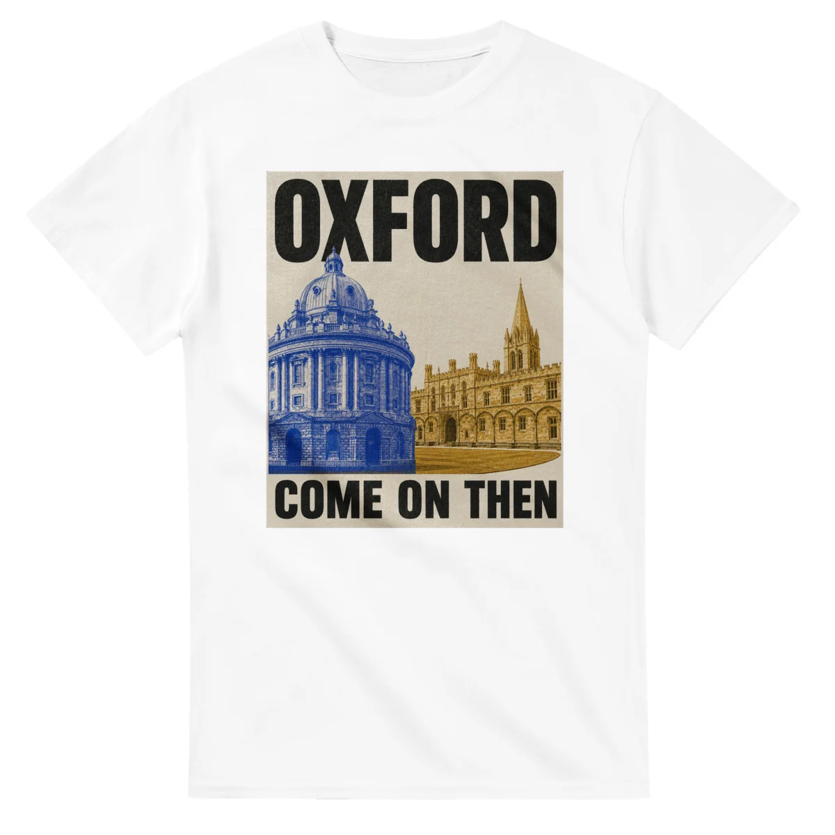 Two-colour scenic illustration for Oxford, with the place name and COME ON THEN lettering.