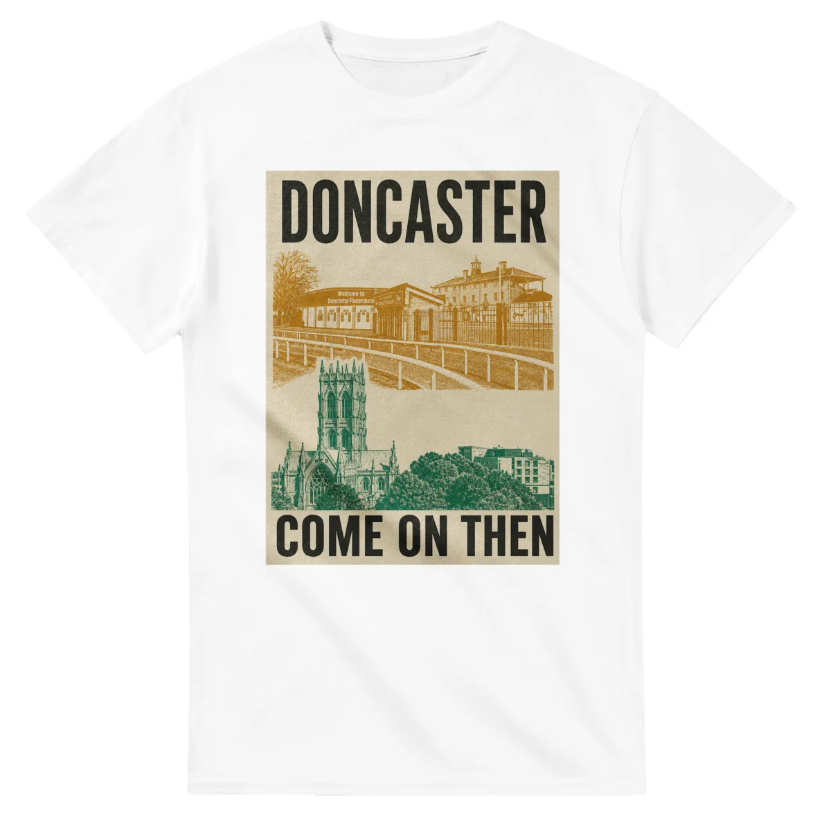 Two-colour scenic illustration for Doncaster, with the place name and COME ON THEN lettering.