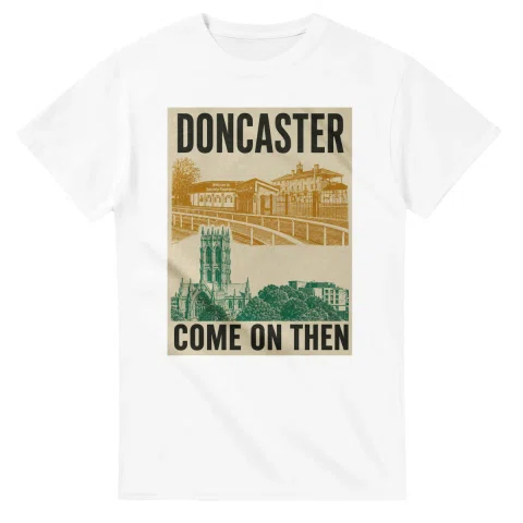 Two-colour scenic illustration for Doncaster, with the place name and COME ON THEN lettering.
