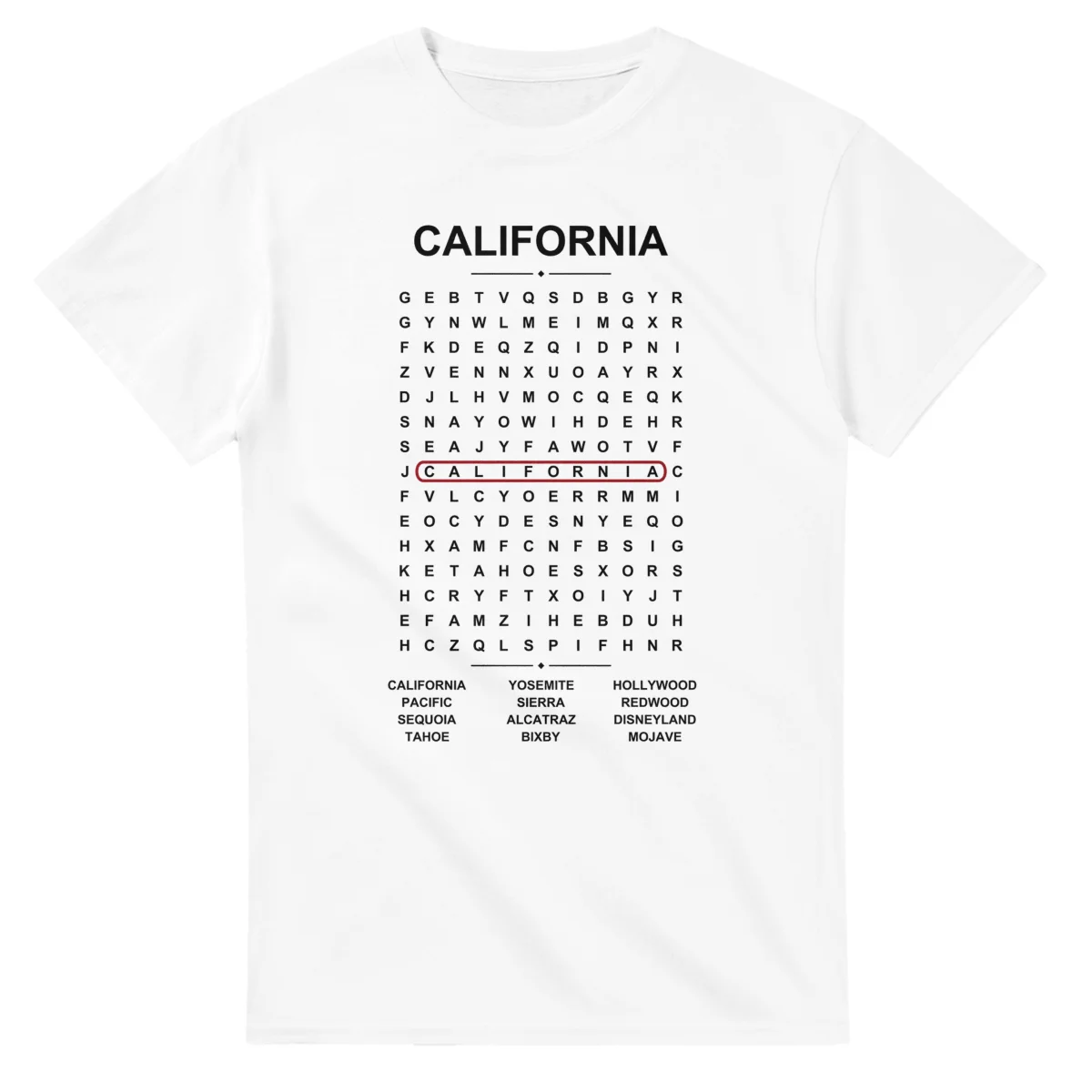 Word-search sheet for California, with a large place-name heading, a letter grid, a local answer list, and a red highlighted example word.