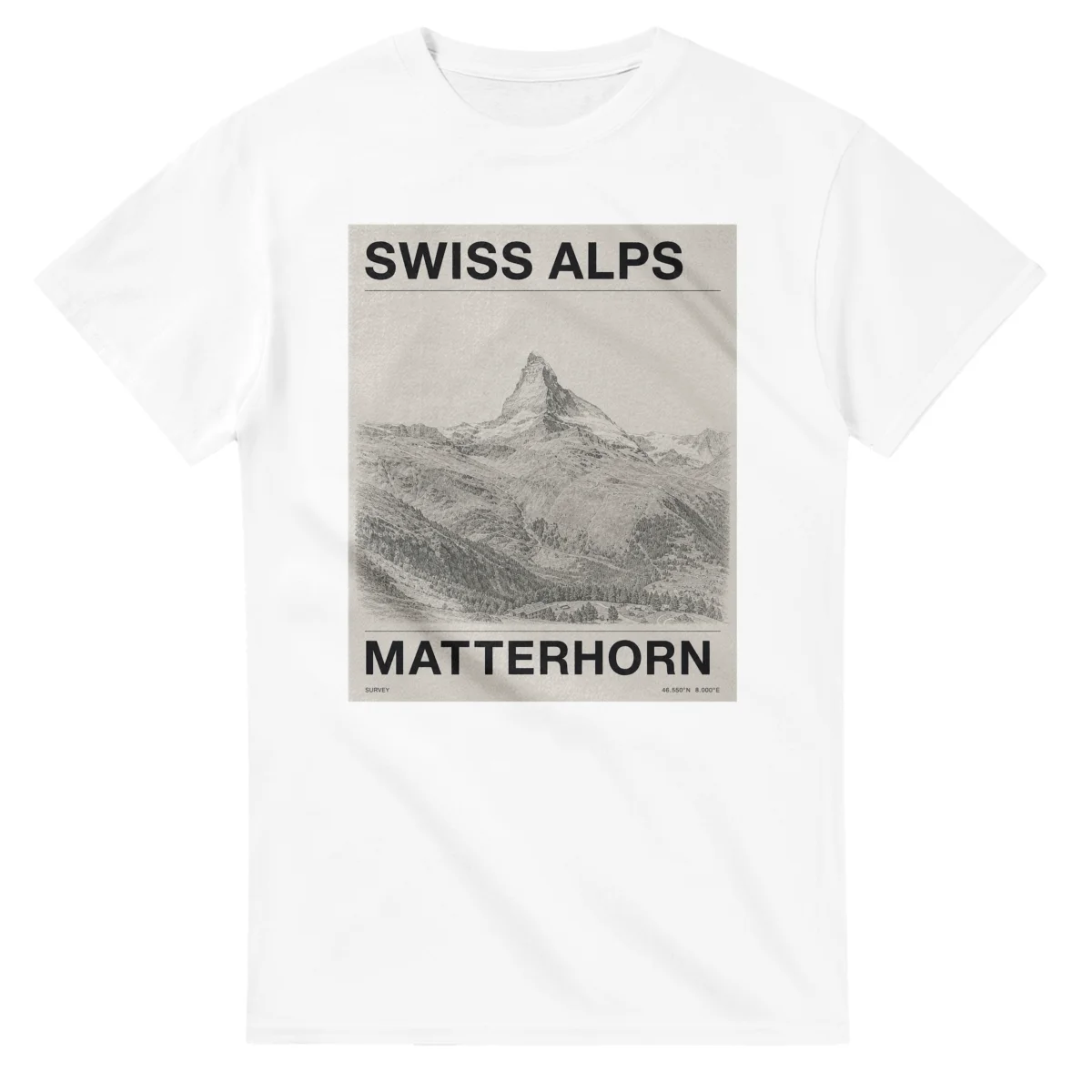 Fine-line engraving-style drawing for Swiss Alps, with a landmark caption and small coordinate text.