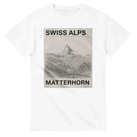 Fine-line engraving-style drawing for Swiss Alps, with a landmark caption and small coordinate text.