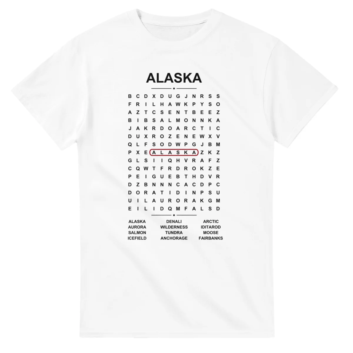 Word-search sheet for Alaska, with a large place-name heading, a letter grid, a local answer list, and a red highlighted example word.