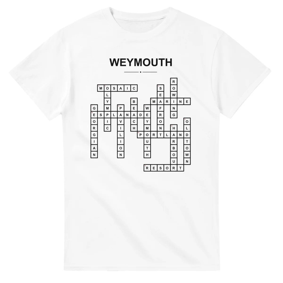 Monochrome crossword sheet for Weymouth, with a large place-name heading, a letter grid, and numbered across and down clues.