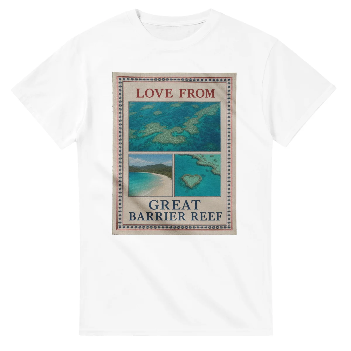 Framed scenic design for Great Barrier Reef, with several local views, a decorative border and LOVE FROM lettering.
