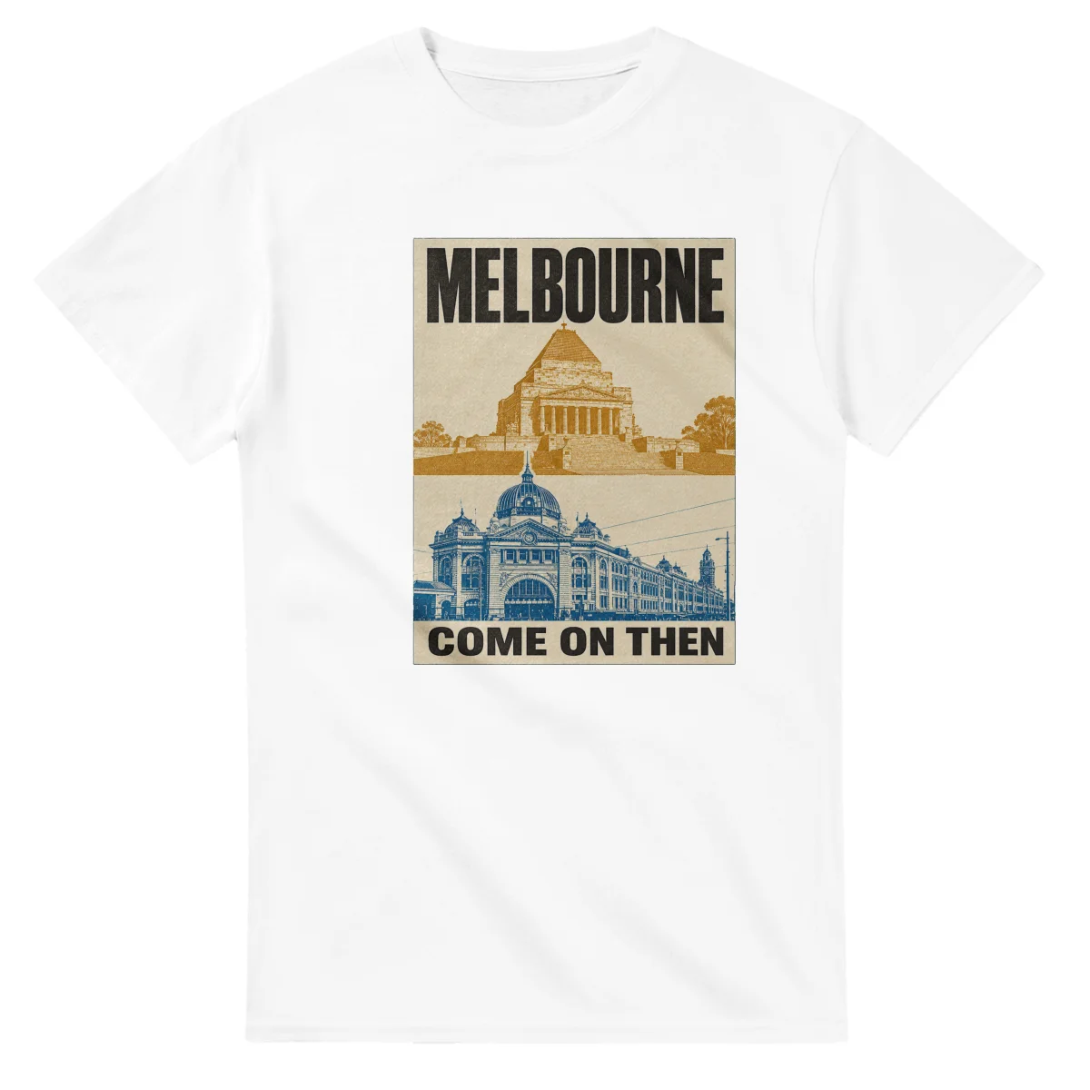 Two-colour scenic illustration for Melbourne, with the place name and COME ON THEN lettering.
