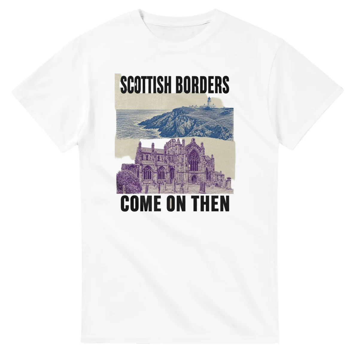 Two-colour scenic illustration for Scottish Borders, with the place name and COME ON THEN lettering.