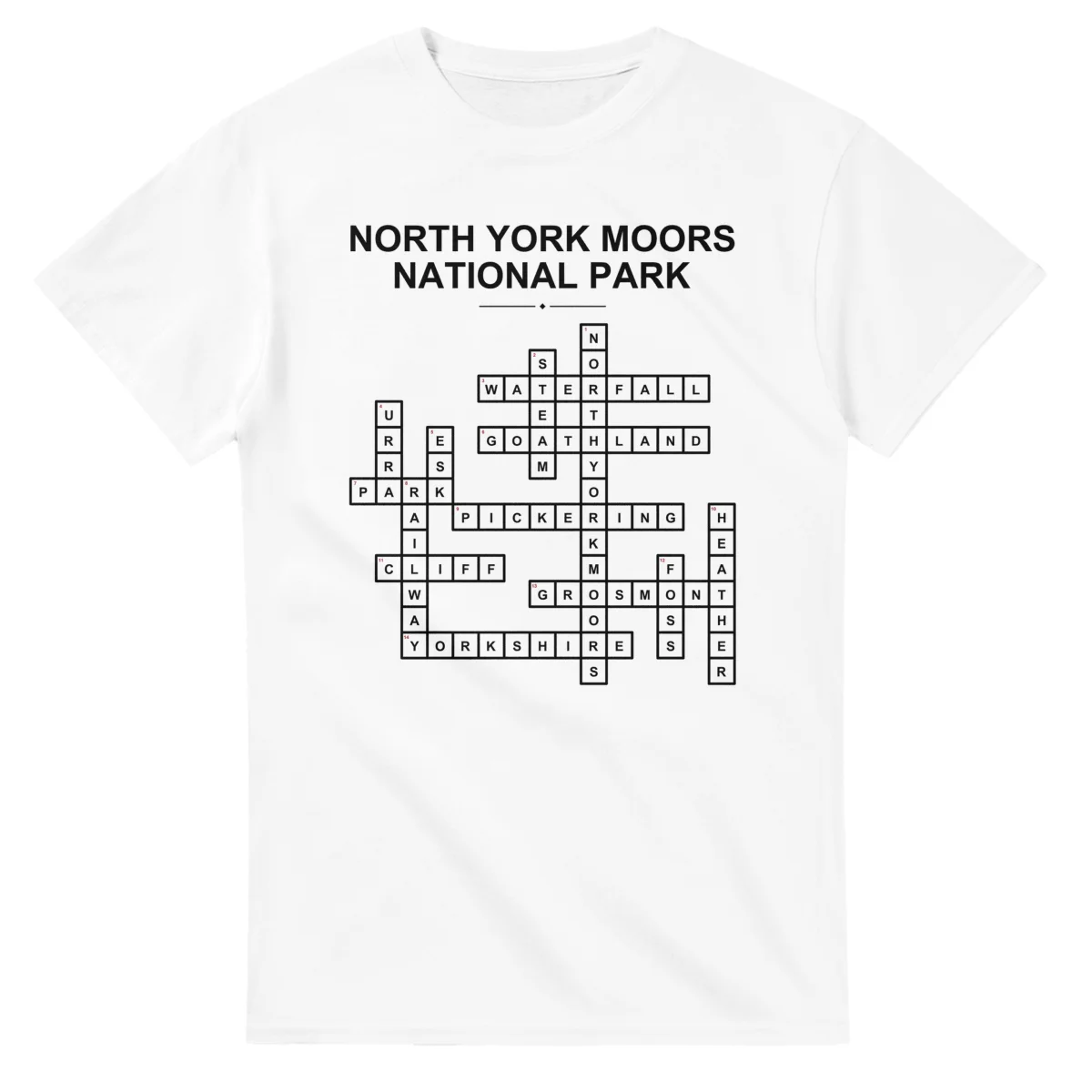 Monochrome crossword sheet for North York Moors National Park, with a large place-name heading, a letter grid, and numbered across and down clues.