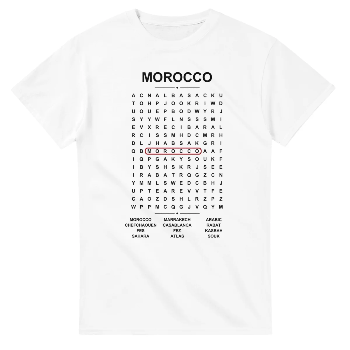 Word-search sheet for Morocco, with a large place-name heading, a letter grid, a local answer list, and a red highlighted example word.
