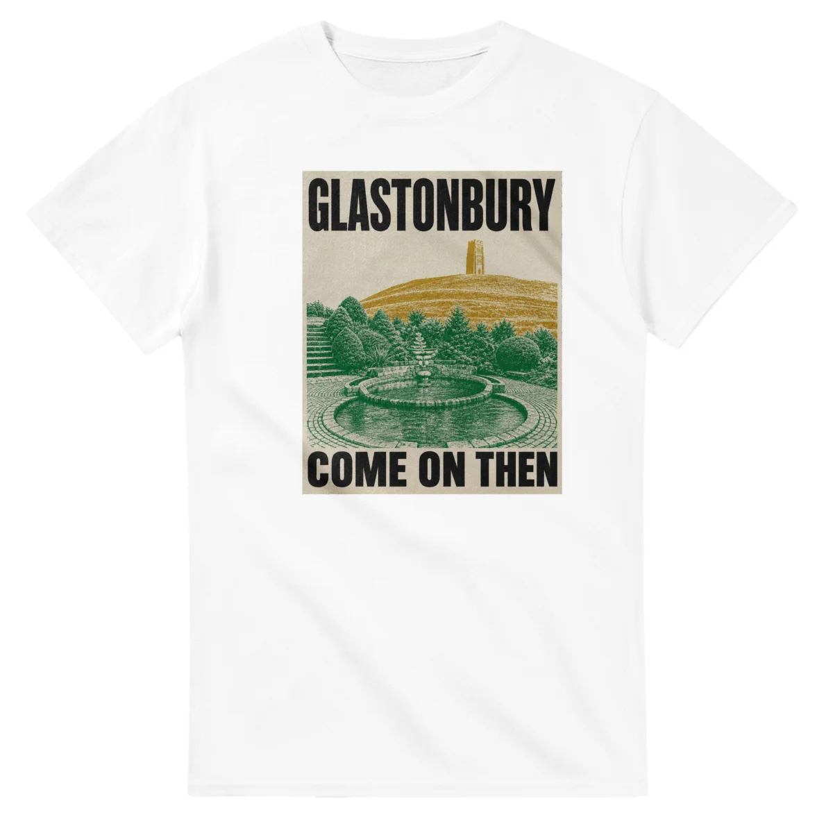 Two-colour scenic illustration for Glastonbury, with the place name and COME ON THEN lettering.