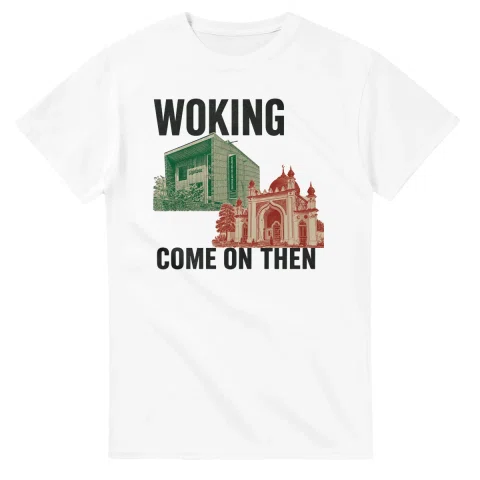 Two-colour scenic illustration for Woking, with the place name and COME ON THEN lettering.
