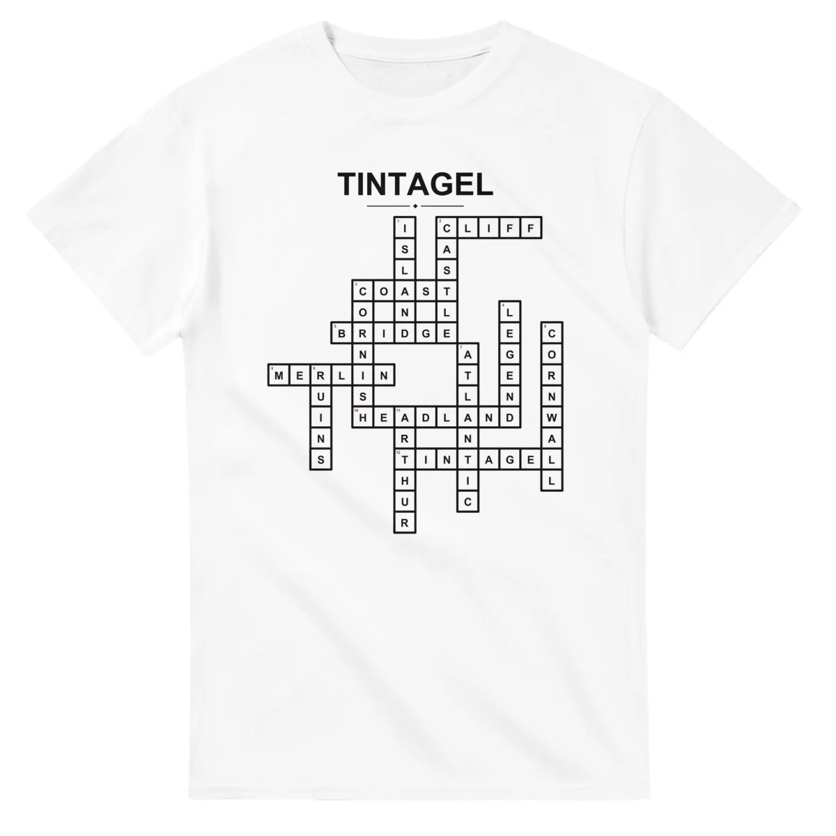 Monochrome crossword sheet for Tintagel, with a large place-name heading, a letter grid, and numbered across and down clues.