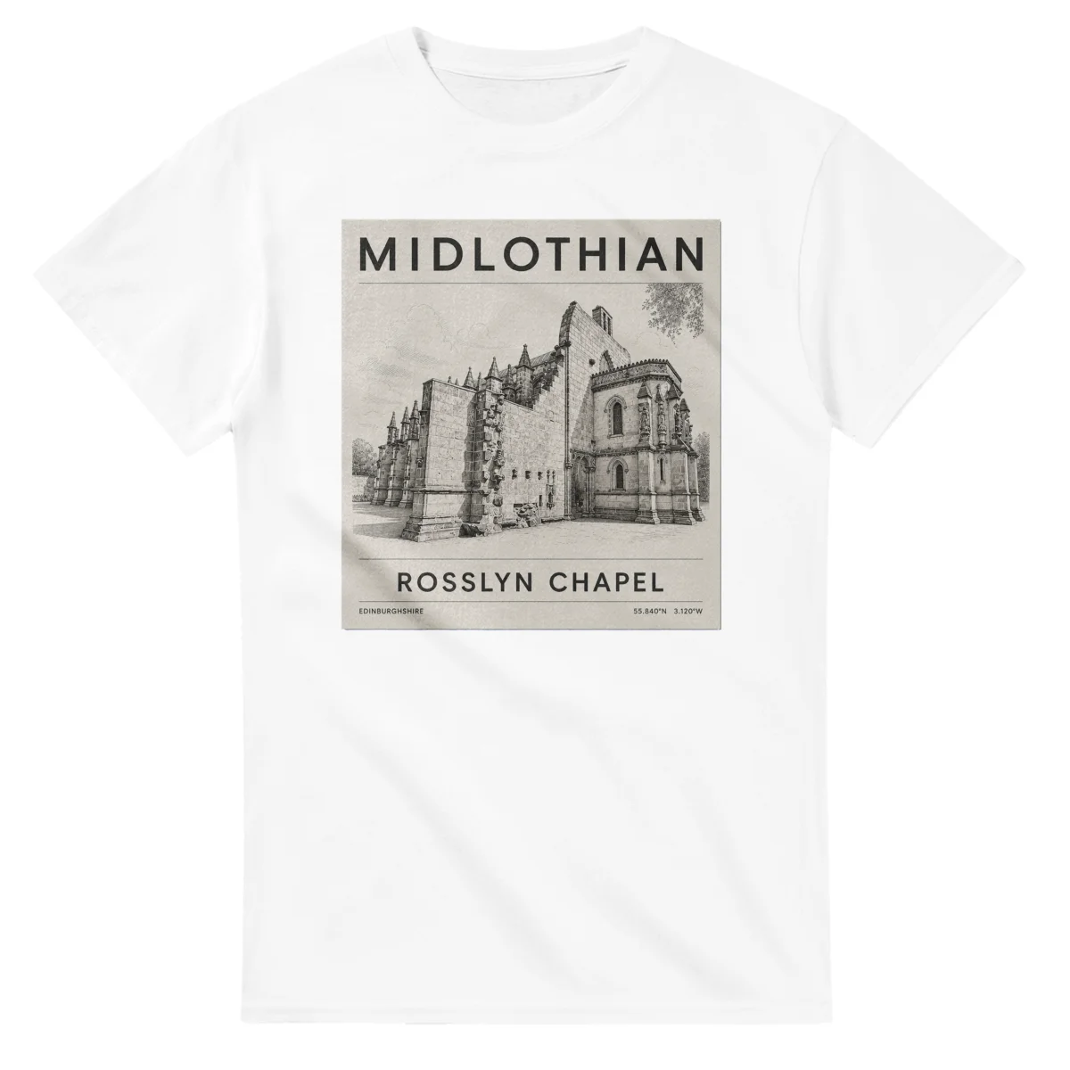 Fine-line engraving-style drawing for Midlothian, with a landmark caption and small coordinate text.