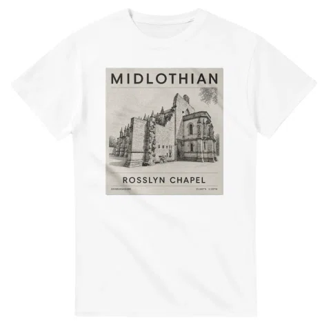 Fine-line engraving-style drawing for Midlothian, with a landmark caption and small coordinate text.