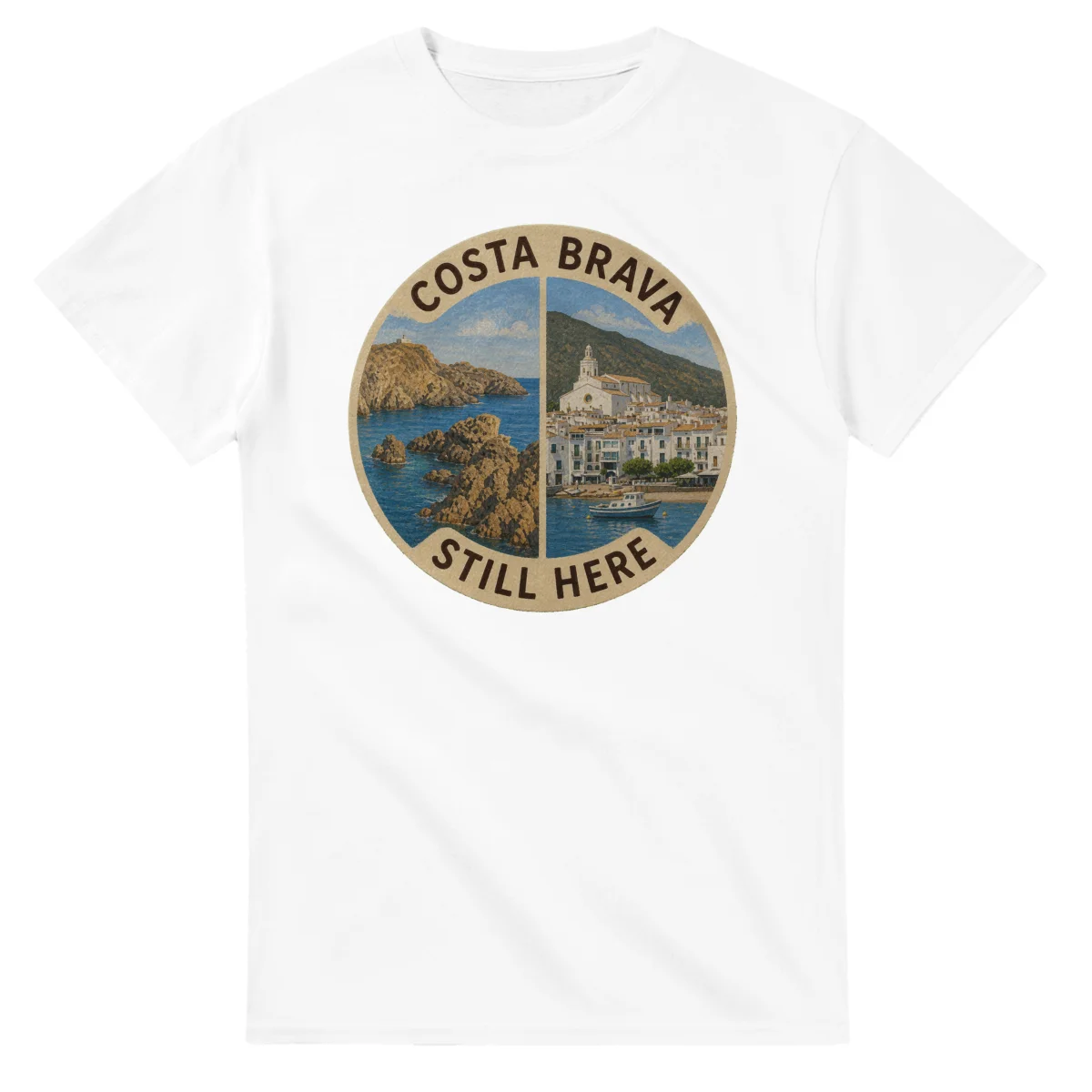 Painted, panelled scenic illustration for Costa Brava, with paired local scenes and the place name in lettering.