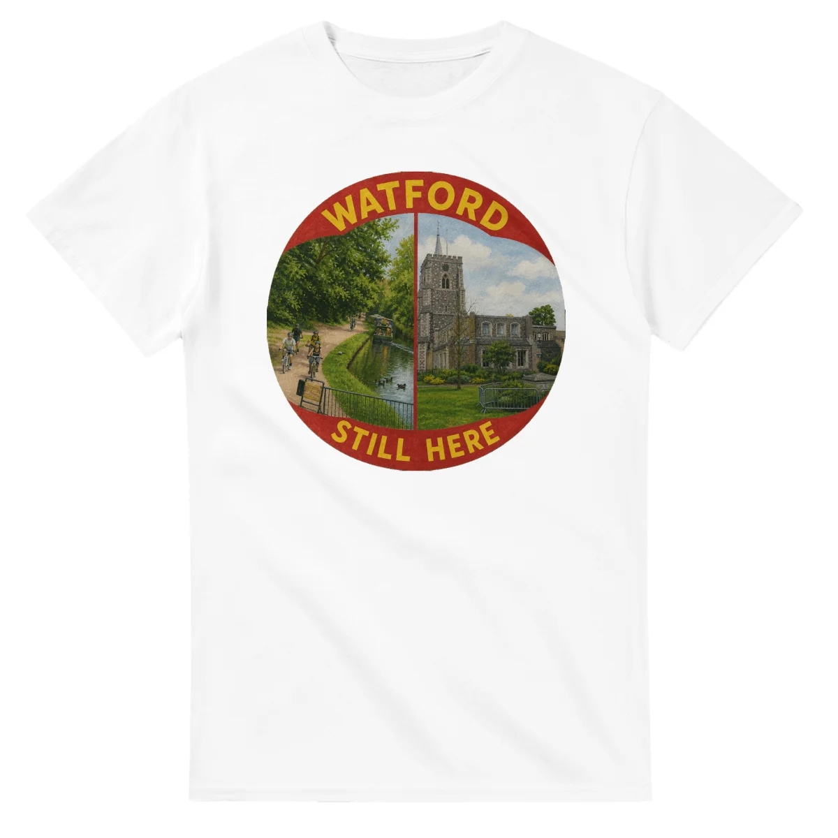 Painted, panelled scenic illustration for Watford, with paired local scenes and the place name in lettering.