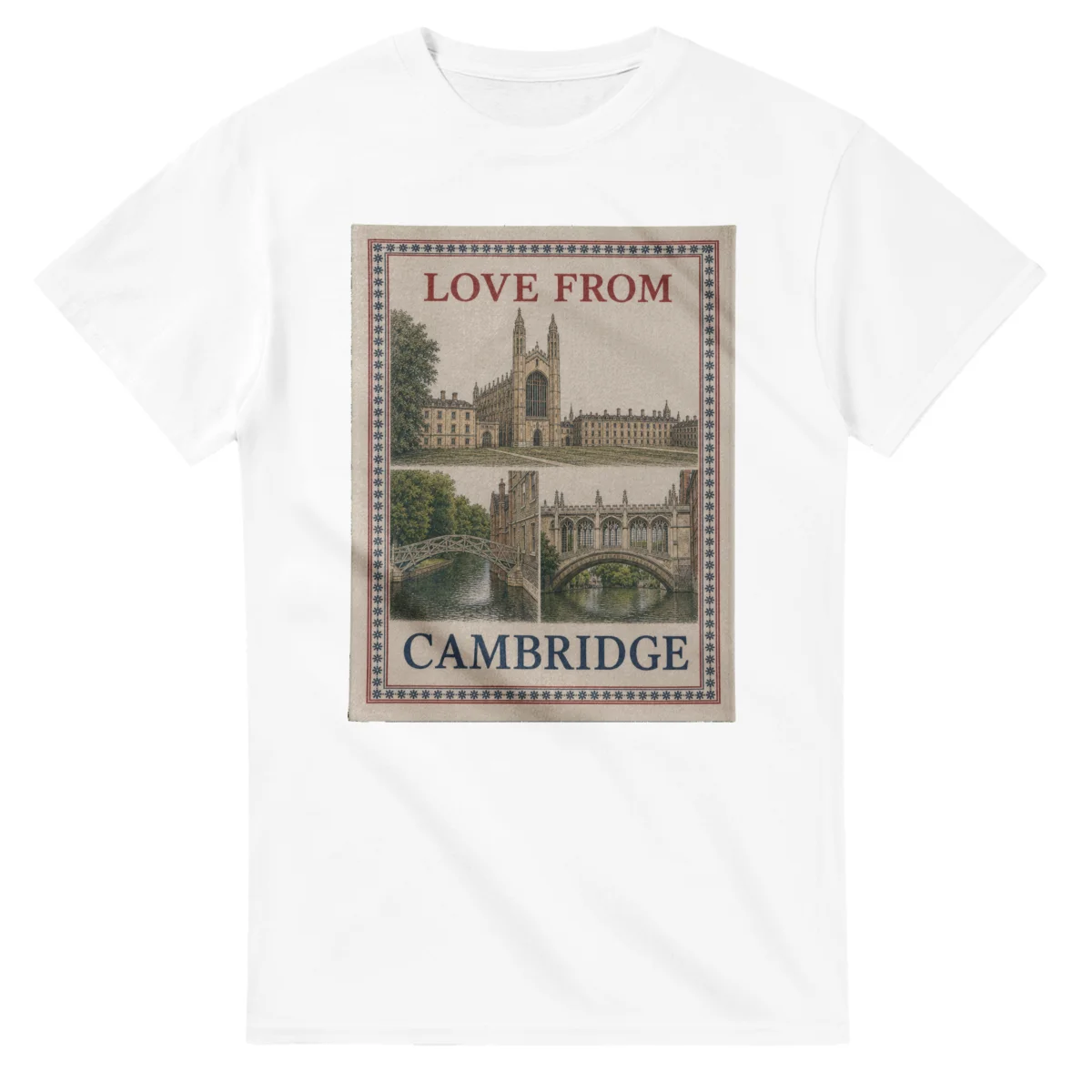 Framed scenic design for Cambridge, with several local views, a decorative border and LOVE FROM lettering.