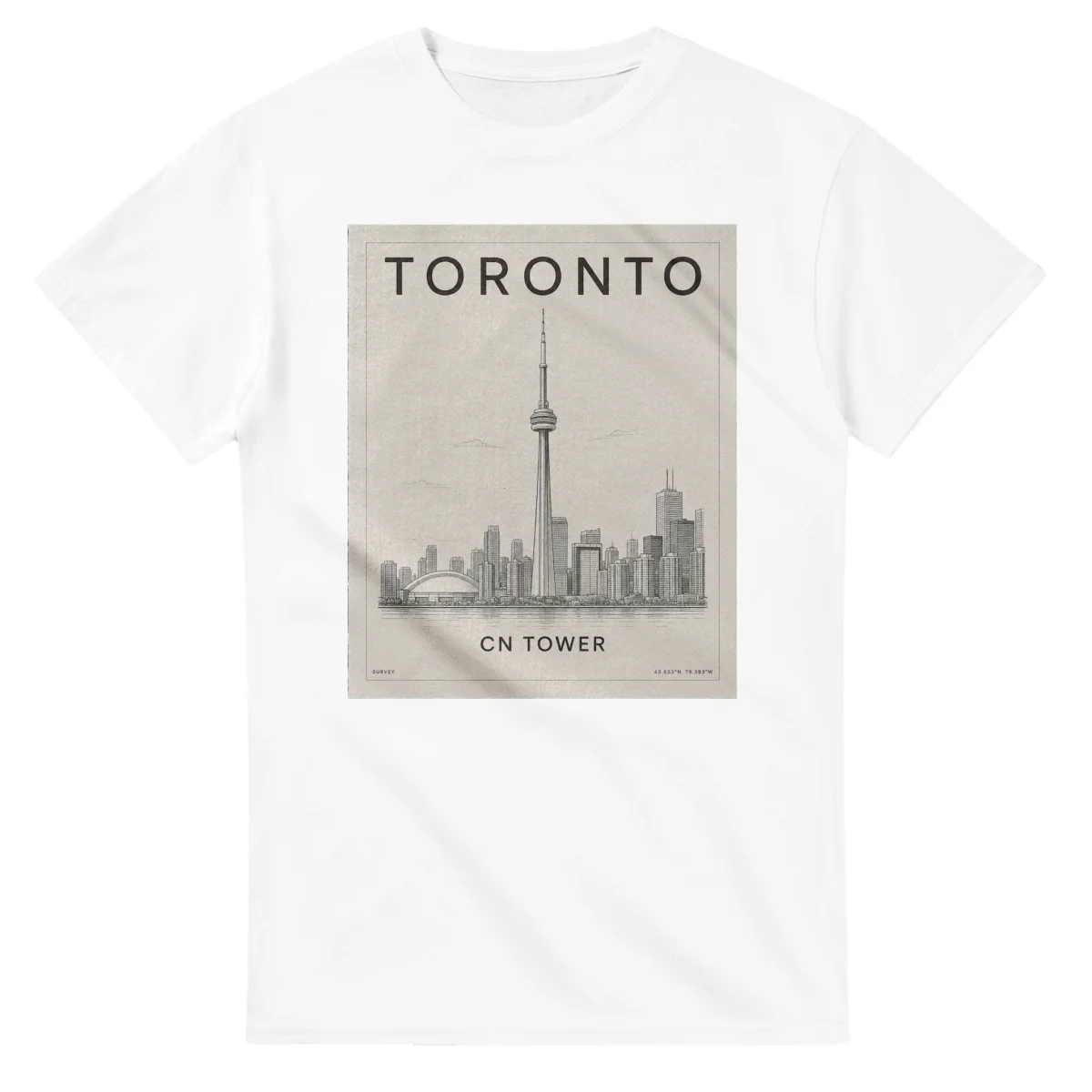 Fine-line engraving-style drawing for Toronto, with a landmark caption and small coordinate text.
