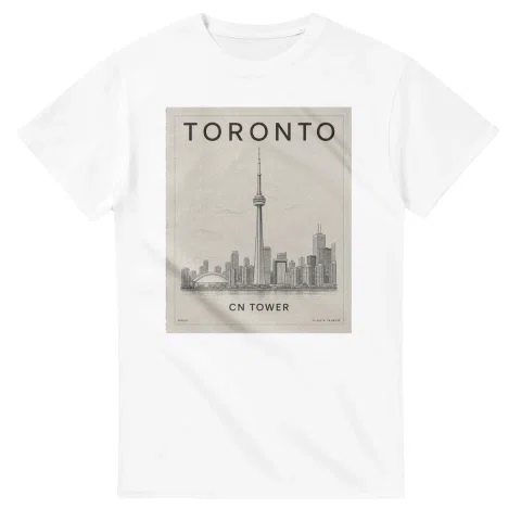 Fine-line engraving-style drawing for Toronto, with a landmark caption and small coordinate text.