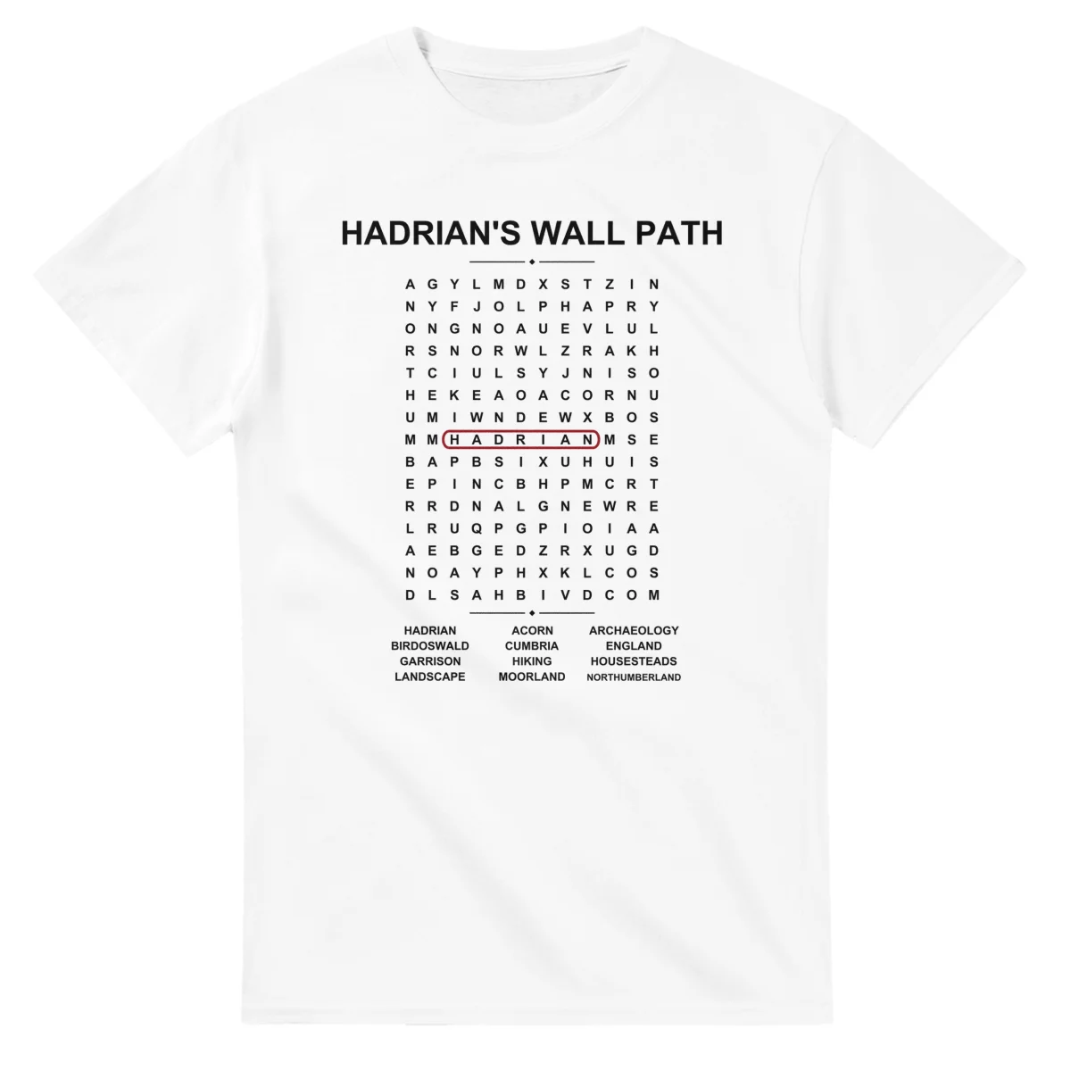 Word-search sheet for Hadrian's Wall Path, with a large place-name heading, a letter grid, a local answer list, and a red highlighted example word.