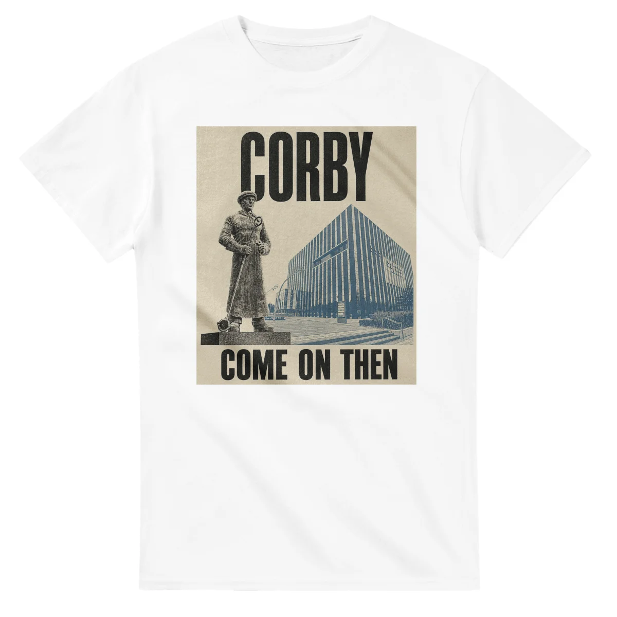 Two-colour scenic illustration for Corby, with the place name and COME ON THEN lettering.