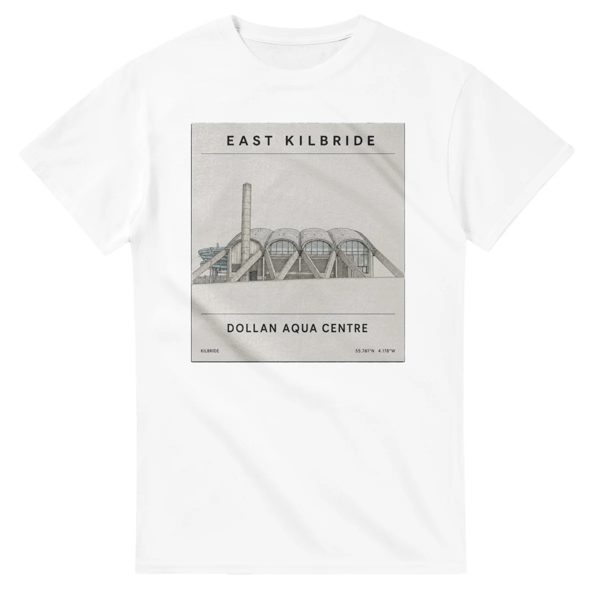 Fine-line engraving-style drawing for East Kilbride, with a landmark caption and small coordinate text.