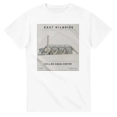 Fine-line engraving-style drawing for East Kilbride, with a landmark caption and small coordinate text.