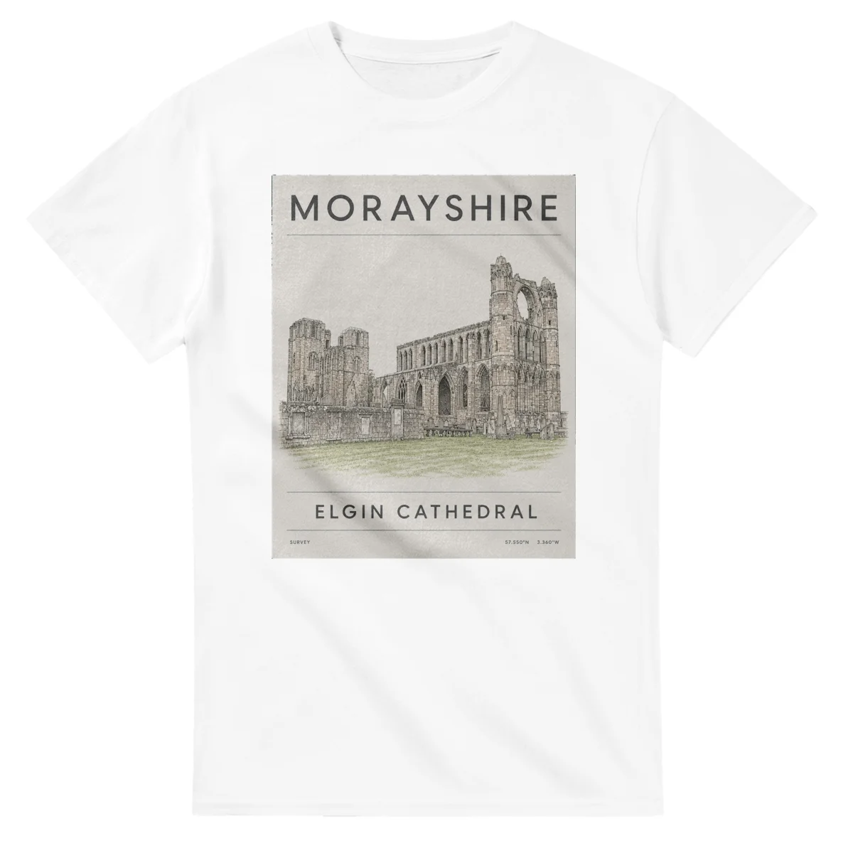 Fine-line engraving-style drawing for Morayshire, with a landmark caption and small coordinate text.