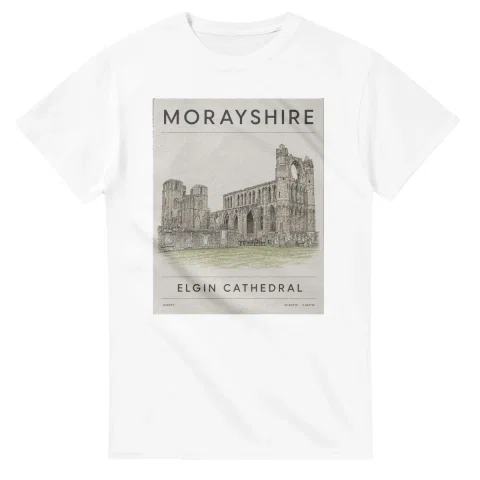 Fine-line engraving-style drawing for Morayshire, with a landmark caption and small coordinate text.