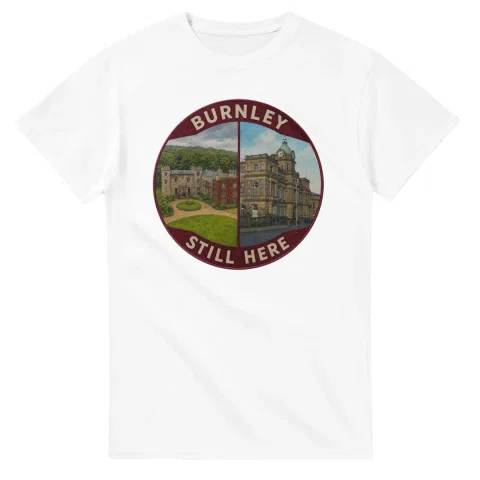 Painted, panelled scenic illustration for Burnley, with paired local scenes and the place name in lettering.