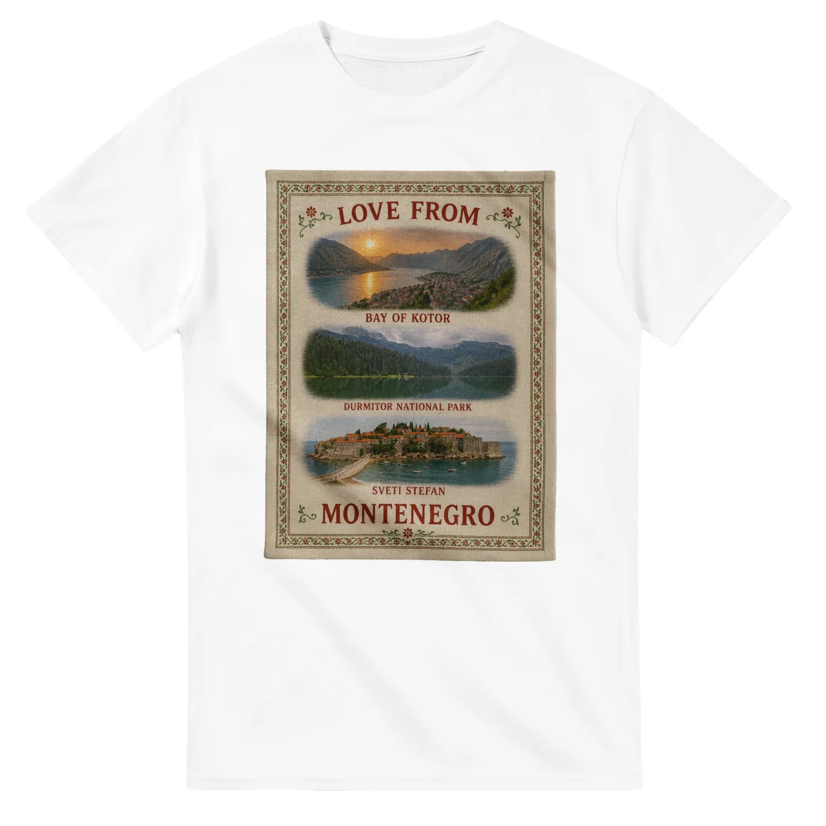 Framed scenic design for Montenegro, with several local views, a decorative border and LOVE FROM lettering.