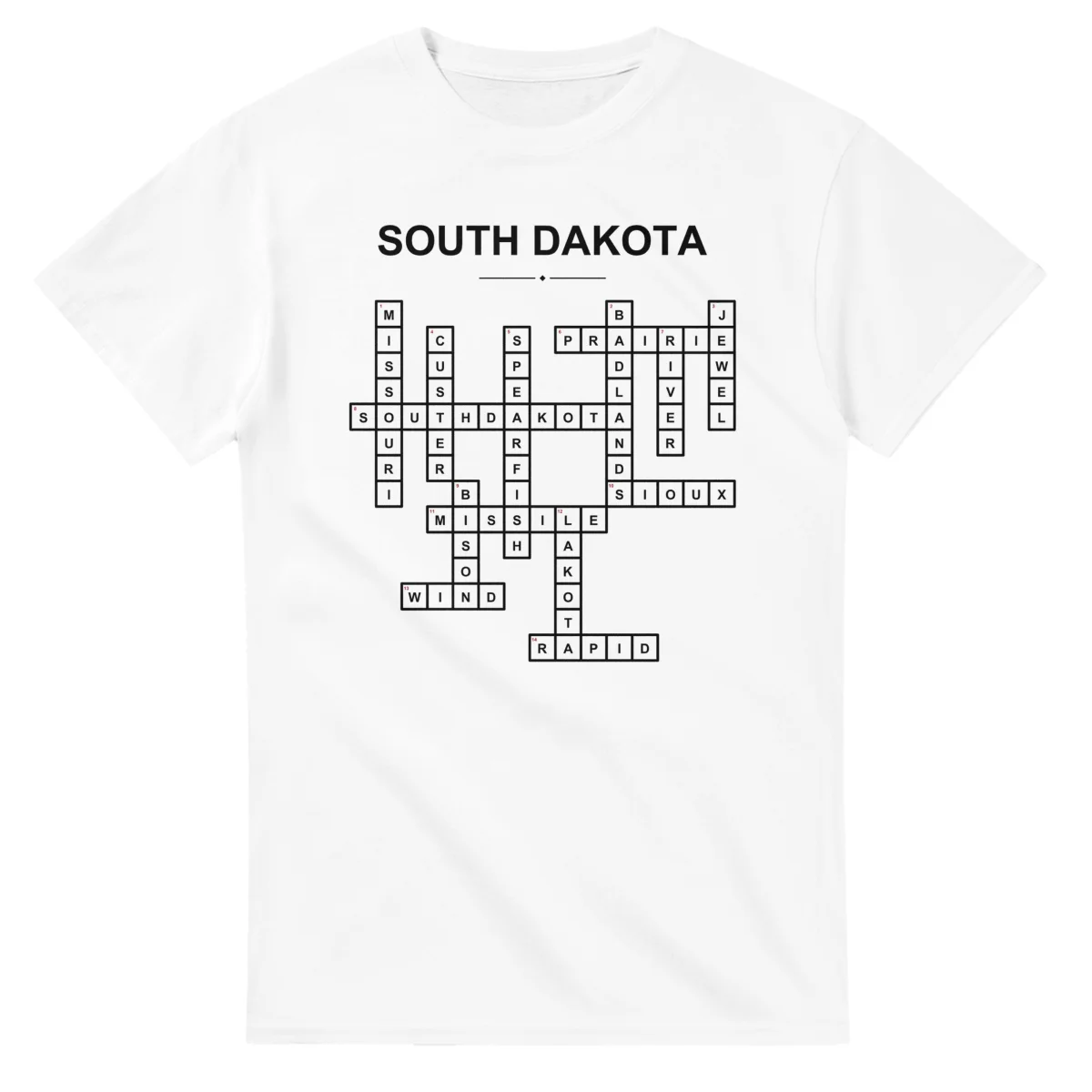 Monochrome crossword sheet for South Dakota, with a large place-name heading, a letter grid, and numbered across and down clues.