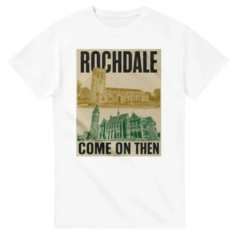 Two-colour scenic illustration for Rochdale, with the place name and COME ON THEN lettering.