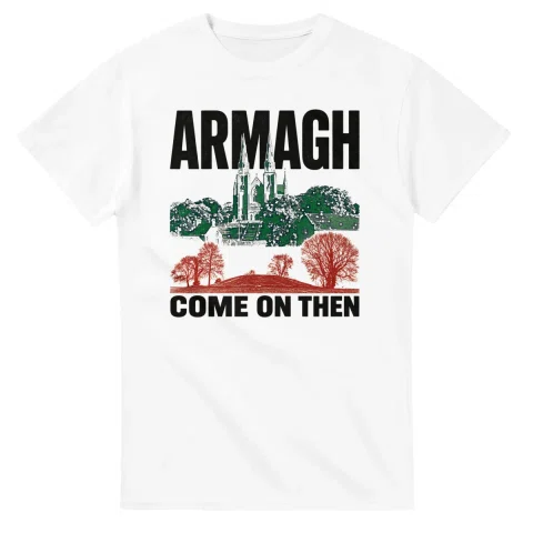 Two-colour scenic illustration for County Armagh, with the place name and COME ON THEN lettering.