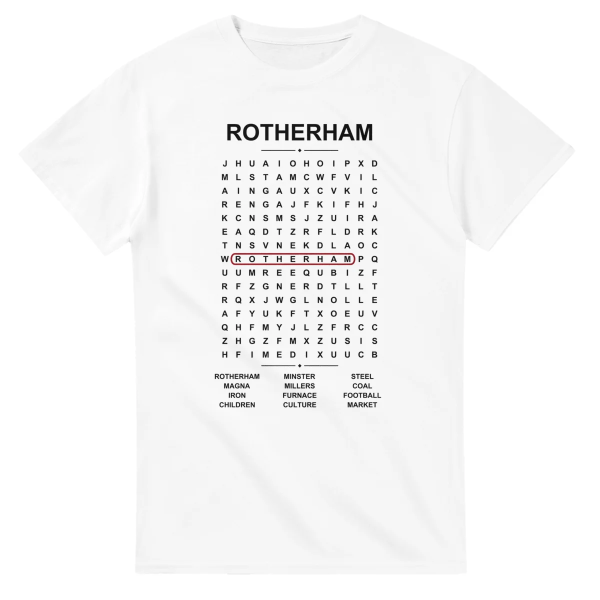 Word-search sheet for Rotherham, with a large place-name heading, a letter grid, a local answer list, and a red highlighted example word.