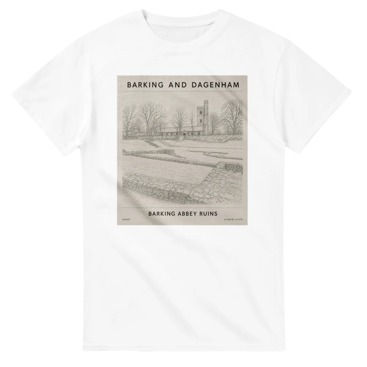 Fine-line engraving-style drawing for London Borough of Barking and Dagenham, with a landmark caption and small coordinate text.