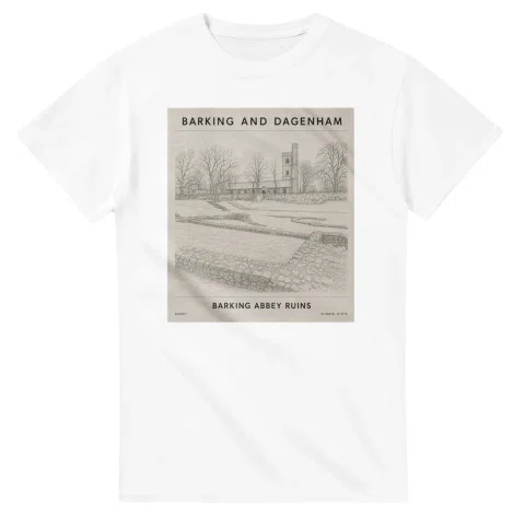 Fine-line engraving-style drawing for London Borough of Barking and Dagenham, with a landmark caption and small coordinate text.