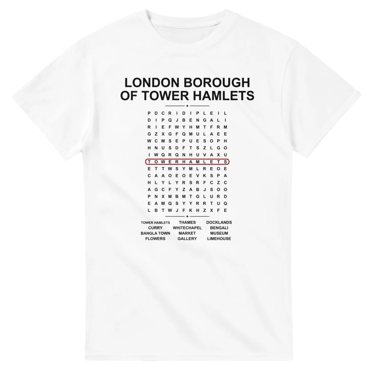 Word-search sheet for London Borough of Tower Hamlets, with a large place-name heading, a letter grid, a local answer list, and a red highlighted example word.