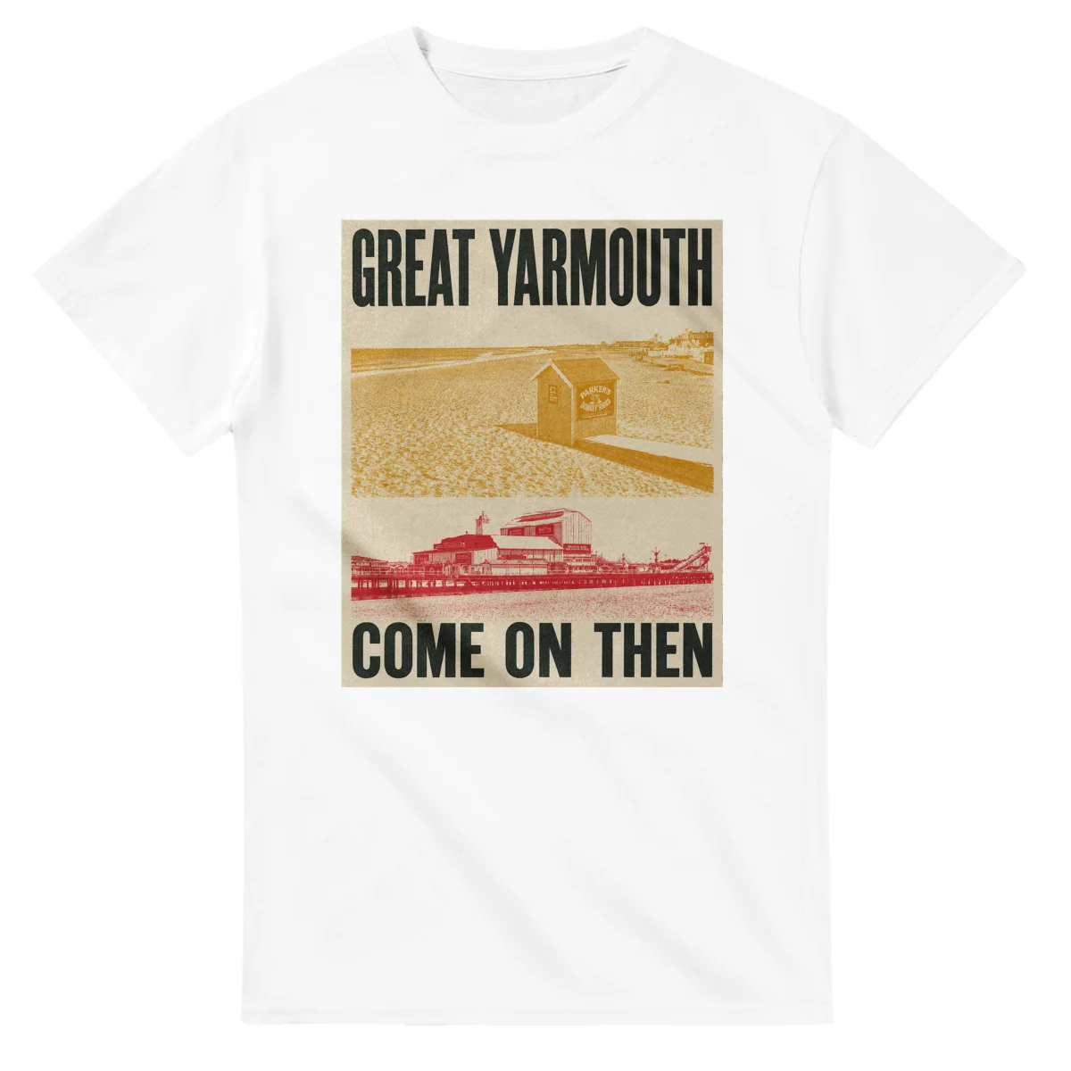 Two-colour scenic illustration for Great Yarmouth, with the place name and COME ON THEN lettering.