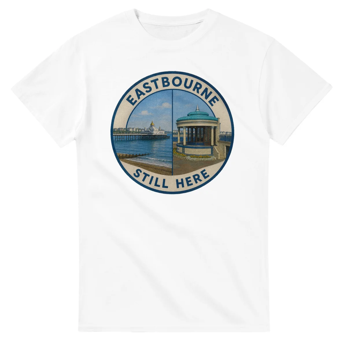 Painted, panelled scenic illustration for Eastbourne, with paired local scenes and the place name in lettering.