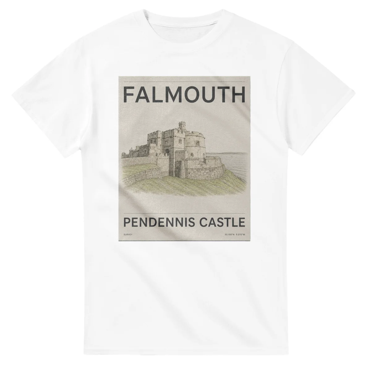 Fine-line engraving-style drawing for Falmouth, with a landmark caption and small coordinate text.
