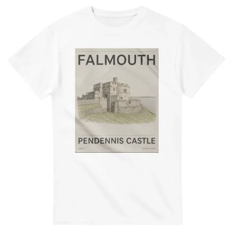 Fine-line engraving-style drawing for Falmouth, with a landmark caption and small coordinate text.