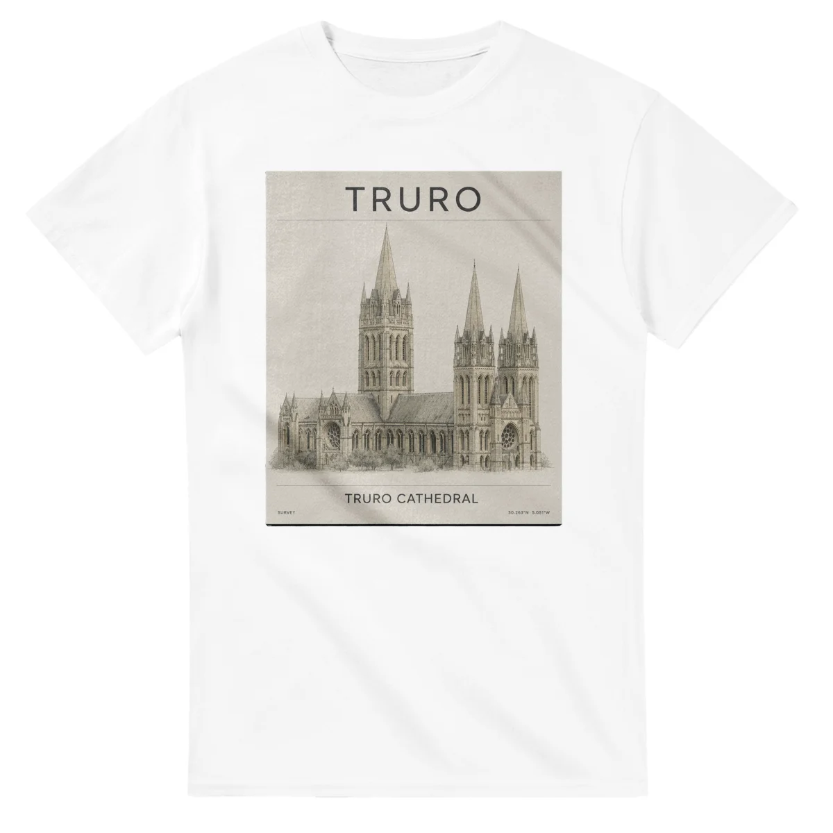 Fine-line engraving-style drawing for Truro, with a landmark caption and small coordinate text.