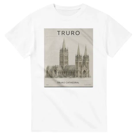 Fine-line engraving-style drawing for Truro, with a landmark caption and small coordinate text.
