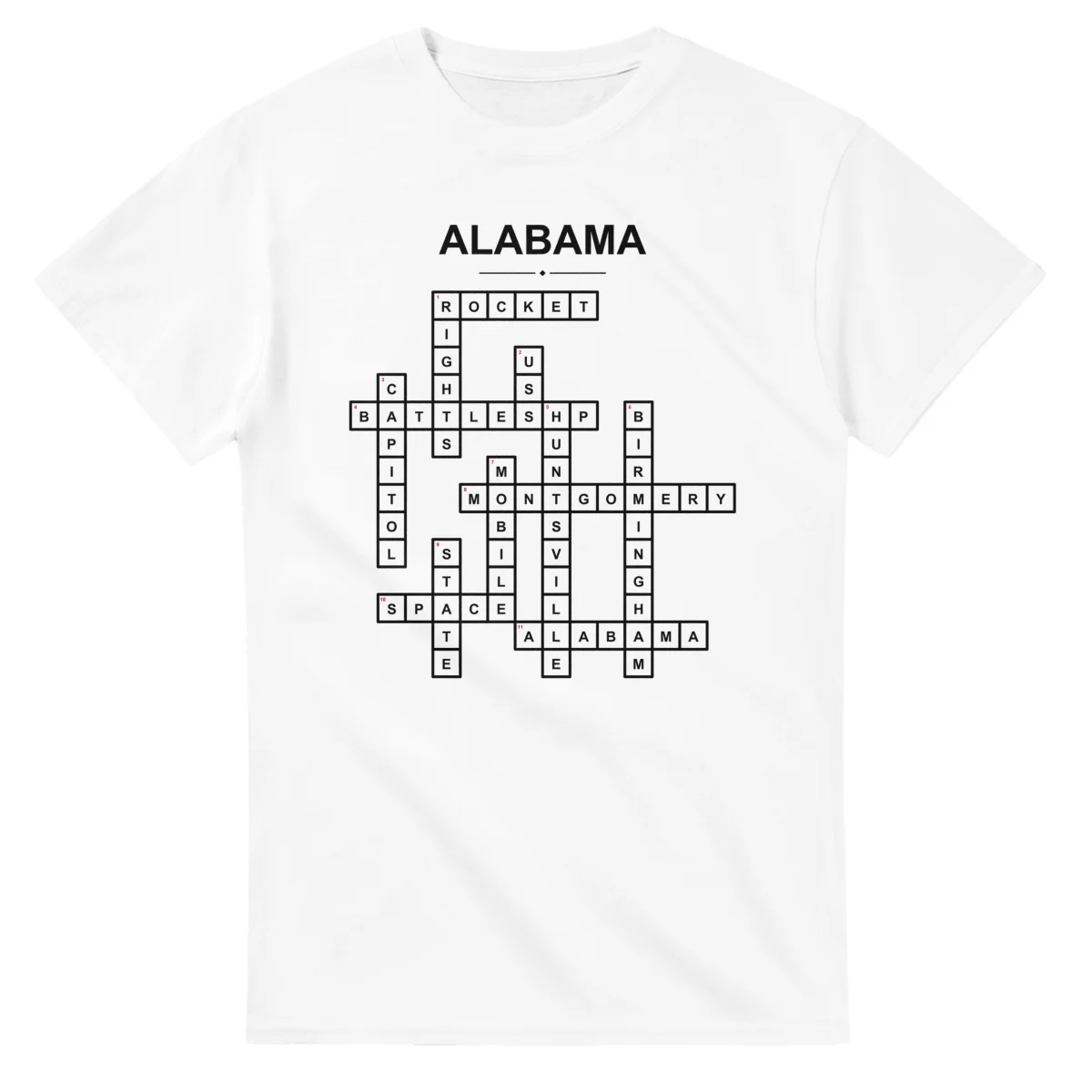 Monochrome crossword sheet for Alabama, with a large place-name heading, a letter grid, and numbered across and down clues.